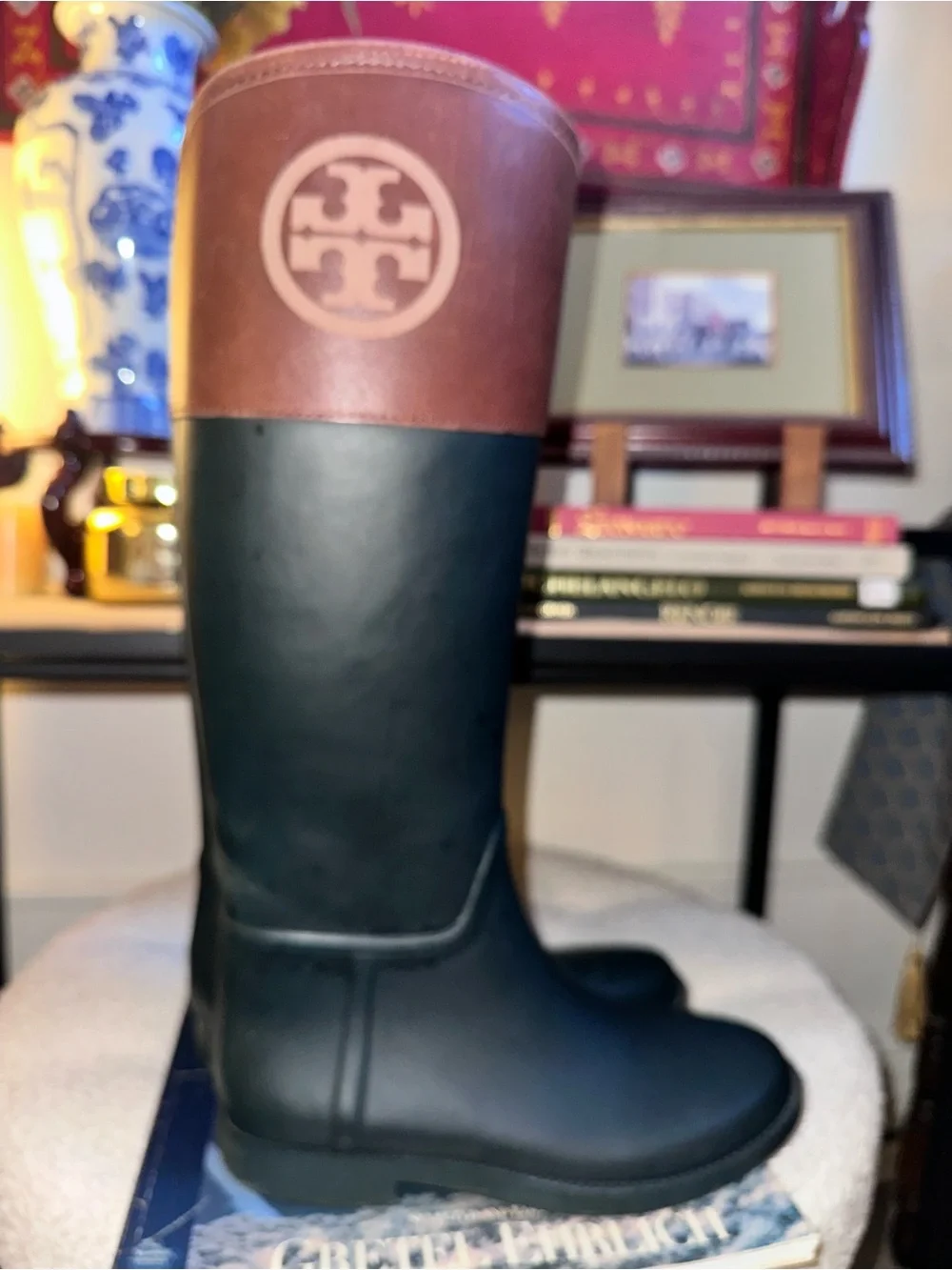 Tory Burch Black Rubber Rain Boots with Brown Logo Cuff